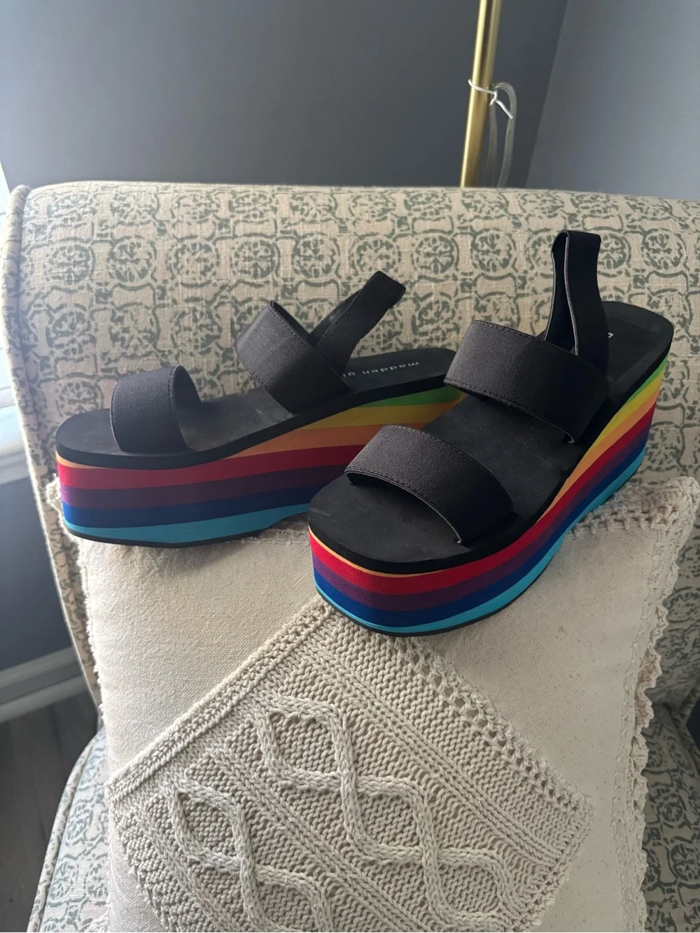Madden Girl Black Platform Sandals with Rainbow Layered Wedge